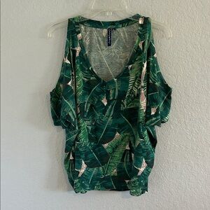 Green Leaf Print Cold Shoulder Tank Top